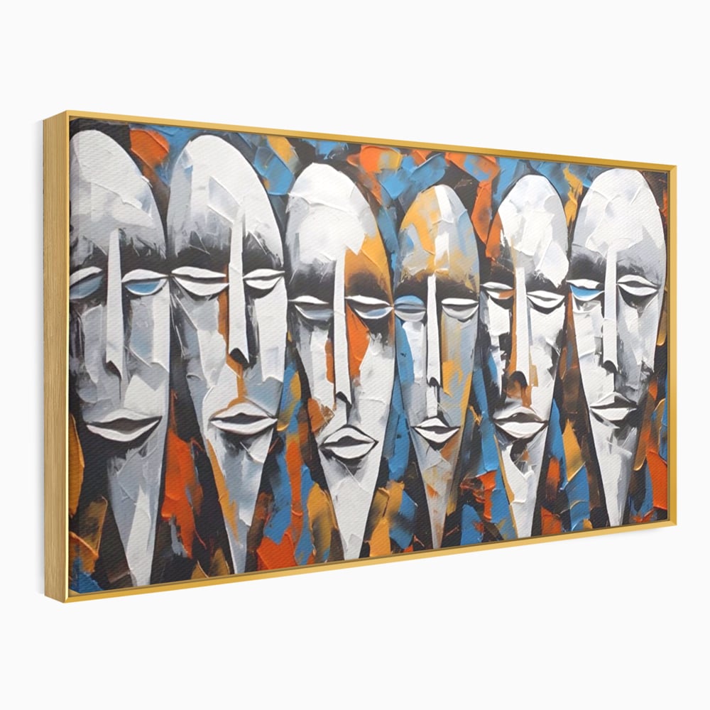 Tablou canvas cu tablou abstract cu masti tribale albe, in rama de aluminiu auriu